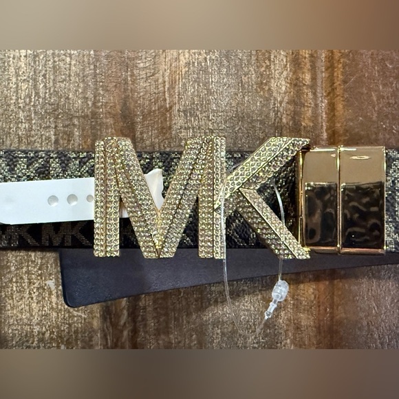 Michael Kors Sz LG Brn Blk Reversible MK Logo Belt w/Rhinestone Gold Buckle NWT main image 5